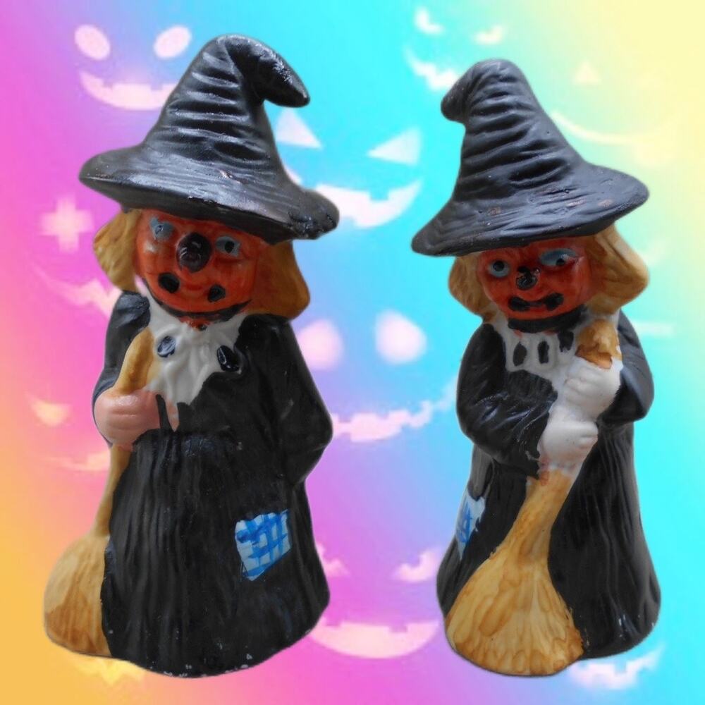 Vintage Flambro Ceramic Pumpkin Face Witch Set 1 Halloween